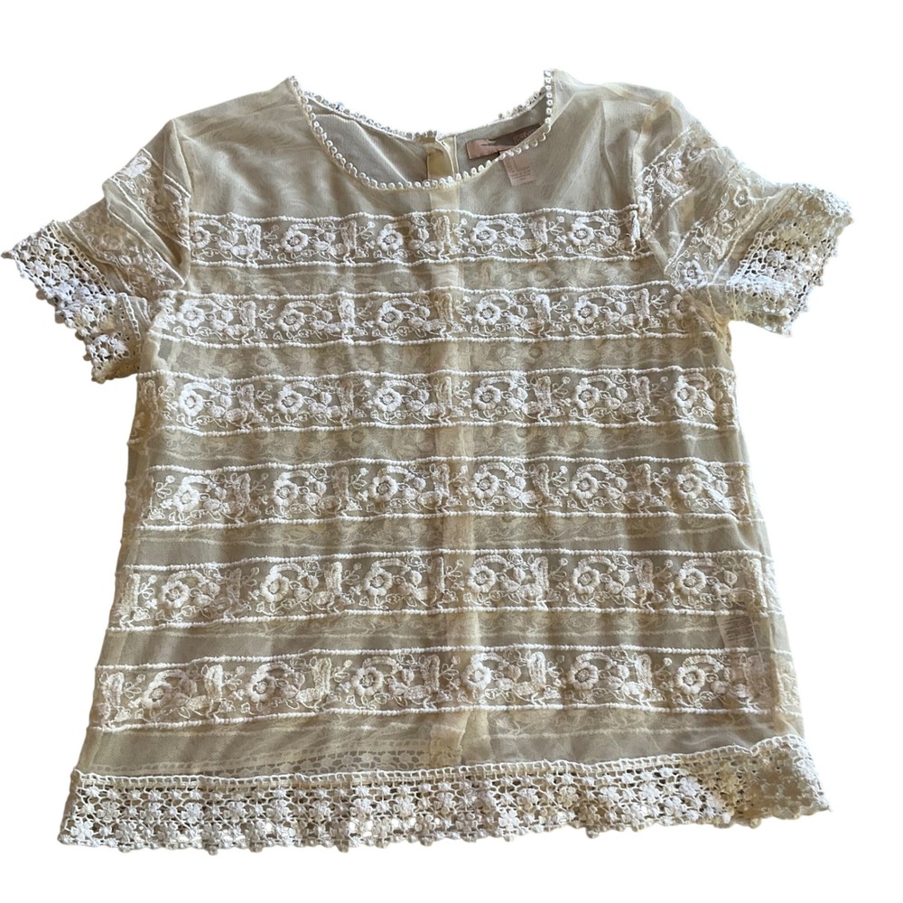 Forever 21 Lace Mesh Fairy Top‎ Women Small Cream Floral Sheer Cottagecore BOho